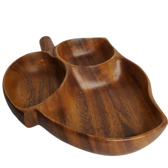 Wooden 3 Way Divided Leaf Shaped Bowl Tray Dish Monkeypod - Picture 2 of 10